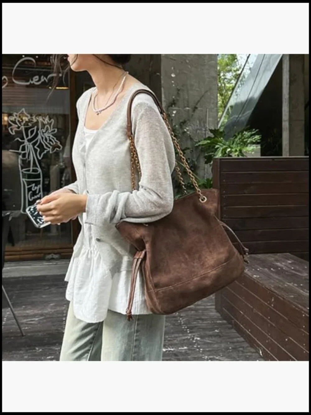 Faux Suede Hobo Shoulder Bag Large Tote Handbag with Chain Strap